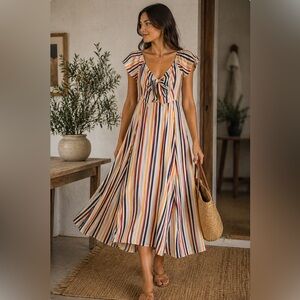 Leith Striped Midi Dress Flutter Sleeve Tie Front Flowy Small